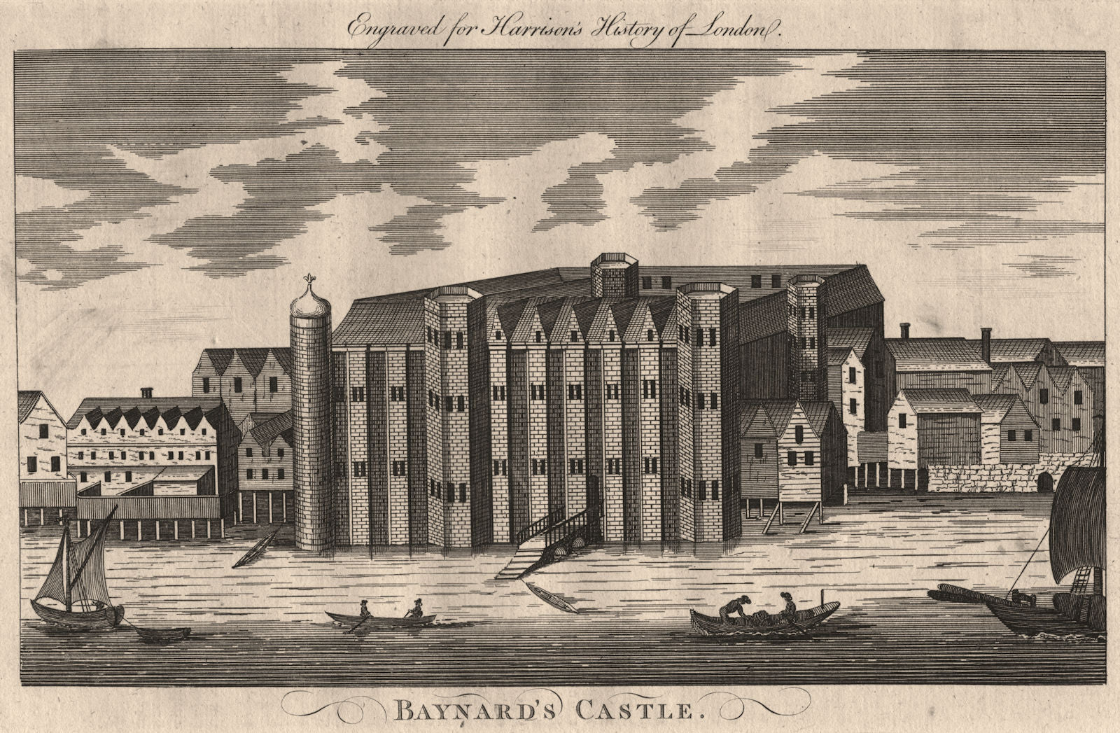 Baynard's Castle, Blackfriars, London. Destroyed 1666. HARRISON 1776 old print